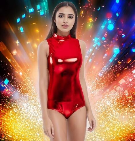 إمرأة لامعة معدنية ملابس رقص الجمباز دنة وهمية الياقة المدورة الرمز البريدي الخلفي قطعة واحدة ملابس الرقص ارتداءها in Kuwait