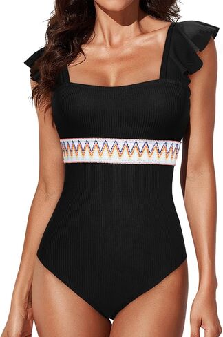 Aleumdr Women's One Piece Swimsuit Ruffle Tummy Control Bathing Suits Color Block Ribbed Swimwear in Saudi Arabia
