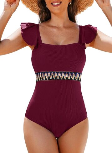 Aleumdr Women's One Piece Swimsuit Ruffle Tummy Control Bathing Suits Color Block Ribbed Swimwear in Saudi Arabia