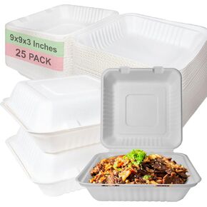 Compostable Square Hinged Clamshell Take Out Food Container 9x9x3 inch,Heavy Duty Quality Disposable to go Containers, Single Compartment Eco-Friendly Takeout Box, Restaurants, Food Trucks (25)