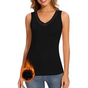 WOWENY Sleeveless Thermal Fleece Tank Top for Women V Neck Lace Tops Camisole Warm Base Layer Underwear Cold Weather
