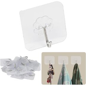 20-Pack Adhesive Hooks for Hanging, Heavy Duty Removable Sticky Hooks 44lb(Max), Waterproof and Oilproof, Ideal for Bathroom, Shower, Kitchen, Outdoor, Towel, and Key Storage, Clear