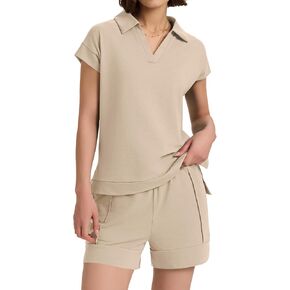 Micoson Womens Two Piece Sets Summer Lounge Sets V Neck Short Sets Drawstring Shorts Sweat Suit Casual Cap Sleeve Outfits