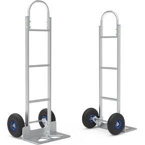 HT200A Aluminum Alloy Hand Truck 440 Lbs Loading Capacity, Straight Ring Handrail Utility Hand Truck Dolly, Shock Absorbing Rubber Tires Hand Truck Platform Cart with Safety Strap and Tire Pump