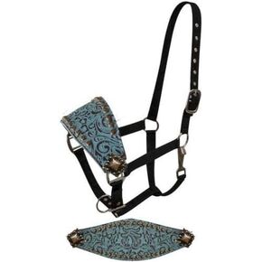 Showman Bronc Halter w/Teal Filigree Print Leather Noseband