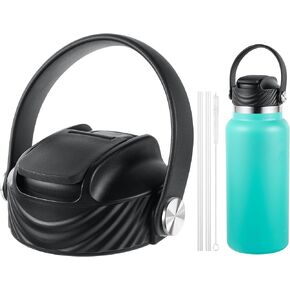 Straw Lid for Hydro Flask Wide Mouth Water Bottle, Top Lids with Straw Compatible with Hydroflask 32 40 oz, Replacement Cap Straws Flip Lid Flex Handle (Black)