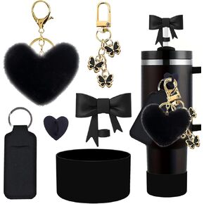 Black Bows Accessories for Stanley Cup 40&30oz Tumbler with Handle,Including Bow Straw Topper,Chapstick Holder, Boot, Keychain Charms for Stanley Cups(Black)