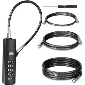 DELSWIN Cable Locks with Combination, 4-Digit Combination Lock with 3 Different Length Replaceable Steel Rope, Security Cable Lock for Luggage, Helmet, Gym Locker, Cabinet, Fence Gate (Black)