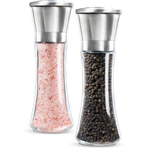 Premium Salt and Pepper Grinder Set of 2- Brushed Stainless Steel Pepper Mill and Salt Mil, Glass Body, Size Grade adjustable ceramic rotor-salt and pepper shakers (tall)