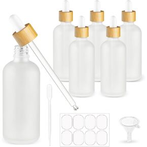 6 Pack 3.4 oz Frosted Glass Dropper Bottle,Empty Round Glass Boston Travel Bottles With Eye Droppers,Natural Bamboo Dropper Cap for Essential Oils, Colognes & Perfume,Aromatherapy,Liquids