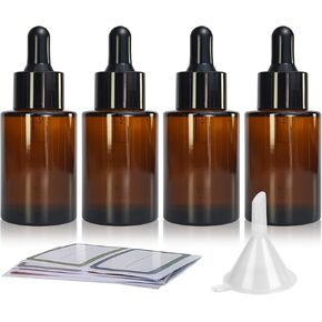 4Pack, 1oz Amber Glass Bottles with Glass Eye Droppers for Essential Oils Liquids Leak Proof Travel Bottles with Funnel