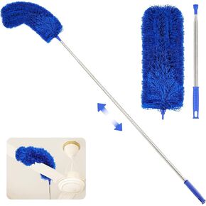 110 inches Long Handle Duster Tool for Cleaning High Ceilings and Ceiling Fans, Extendable Microfiber Long Duster with Telescopic Pole & Bendable Head for Blinds, Furniture, Cobwebs & Cars – Blue