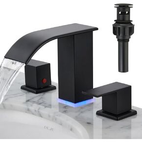 Bathroom Faucets 8 Inch Widespread Bathroom Sink Faucet Two Handles Black Bathroom Faucet 3 Hole Waterfall Faucet Bathroom Vanity Faucet Sink Faucet for 3 Hole with LED Light with Pop Up Drain