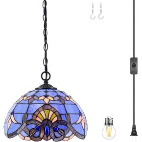 WERFACTORY Tiffany Pendant Light Plug in Blue Purple Baroque Stained Glass 12 Inch Hanging Lamp S003C Series