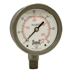 Winters 2-1/2" Dial Size, Liquid Filled Industrial Pressure Gauge, Stainless Steel Case and Internals, Dual Scale 0-60 psi/kPa, 1.5% Acc, 1/4" NPT Bottom Mount, Glycerin Filled Pressure Gauge