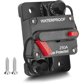 RED WOLF 250A Circuit Breaker Fuse Holder 12V- 48V DC Manual Reset Switch Waterproof for Boat Trolling Motor Marine ATV Trailer Vehicles Stereo Audio Electronic Battery Solar System w/2 Screws