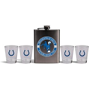 شركة الذاكرة | قارورة مرخصة بشعار الفريق من الفولاذ المقاوم للصدأ من الدوري الوطني لكرة القدم الأمريكية (NFL) ومجموعة (4) أكواب زجاجية in Kuwait