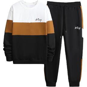 WDIRARA Men's 2 Piece Outfit Colorblock Letter Print Sweatshirt and Drawstring Sweatpants Set