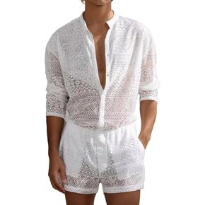 Panegy Men Lace Mesh Outfits 2 Piece Beach Shirt and Shorts Set Tracksuit Summer 2024 M-3XL