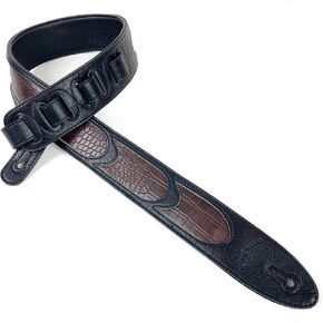 Walker & Williams G-800 Soft Black Leather Strap Brown Gator Inserts & Padded Back For Acoustic, Electric, And Bass Guitars