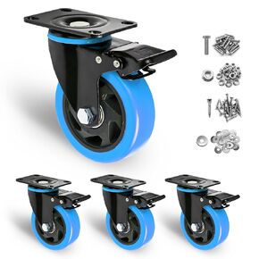 3 Inch Heavy Duty Caster Wheels Set of 4, Swivel & Locking Industrial Caster with Brakes Plate Mount Max Loading 700LBS for Workbench/Furniture/Cast, Blue, V-Blue-3INCH