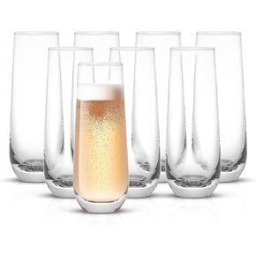 JoyJolt Milo Stemless Champagne Flutes مجموعة من 8 أكواب كريستال. فلوت نبيذ بروسيكو 9.4 أونصة، مجموعة نظارات الميموزا، مجموعة زجاج الكوكتيل، زجاج كرة الماء العالي، أواني زجاجية للبار