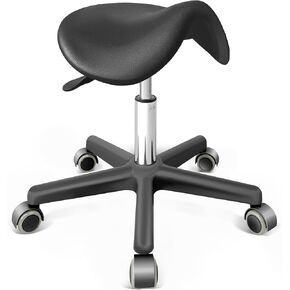 Saddle Stool with Wheels, PU Leather Ergonomic Stools and Chairs to Maintain a Healthy Posture, Adjustable Chair Height, Suitable for Office, Spa, Salon, Massage, Home (Black)