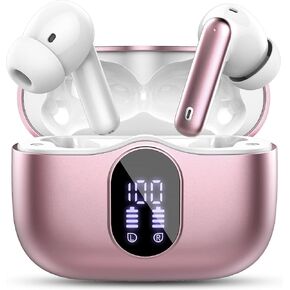 Wireless Earbuds Bluetooth 5.4 Headphones Bass Stereo Ear Buds with Noise Cancelling Mic LED Display in Ear Earphones IP7 Waterproof 36H Playtime for Laptop Pad Phones Sports Workout Rose Gold