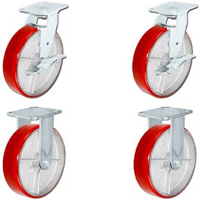 8" Heavy-Duty Toolbox Caster Set by CasterHQ - 4-Pack, 5,000 Lbs Capacity, Red Polyurethane Steel Wheels, Swivel & Locking - Ultimate Tool Cart Mobility Upgrade