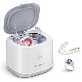 Ultrasonic Retainer Cleaner, KUNPHY 46KHz Professional Ultrasonic Jewelry Cleaner 7.5Oz, Retainer Cleaner Machine for Dentures, Braces, Aligner, Dental Appliances (White)