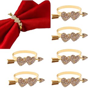 6 Pcs Valentine's Day Gold Double Heart Napkin Rings Rhinestone Heart Napkin Buckle Valentine's Day Napkin Holder Table Decor for Valentine's Day Wedding Dinner Party Supplies