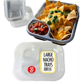 Disposable Plastic Nacho Trays with 2 Compartments - 22oz Crystal Clear Nachos Trays for Cheese Dip, Concession Stands, Movie Nights & Sports Parties - Leak-Resistant & Freezer Safe… (50 Pack)