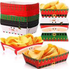 24 Pcs Christmas Paper Food Trays Disposable Christmas Movie Snack Trays Food Boat Santa Elf Snowman Serving Trays Nacho Popcorn Hot Dog Container for Holiday Xmas Party Supplies Decorations