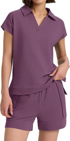 Micoson Womens Two Piece Sets Summer Lounge Sets V Neck Short Sets Drawstring Shorts Sweat Suit Casual Cap Sleeve Outfits in Kuwait