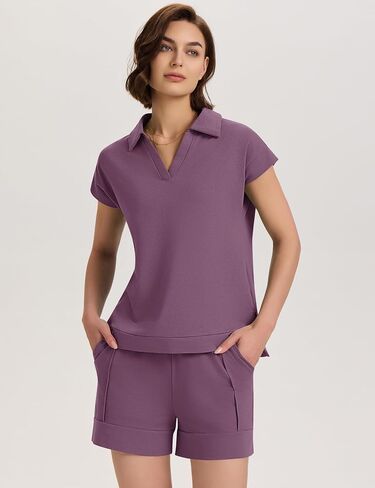 Micoson Womens Two Piece Sets Summer Lounge Sets V Neck Short Sets Drawstring Shorts Sweat Suit Casual Cap Sleeve Outfits in Kuwait