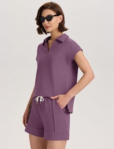 Micoson Womens Two Piece Sets Summer Lounge Sets V Neck Short Sets Drawstring Shorts Sweat Suit Casual Cap Sleeve Outfits in Kuwait