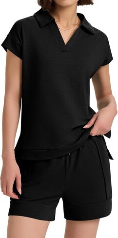 Micoson Womens Two Piece Sets Summer Lounge Sets V Neck Short Sets Drawstring Shorts Sweat Suit Casual Cap Sleeve Outfits in Kuwait