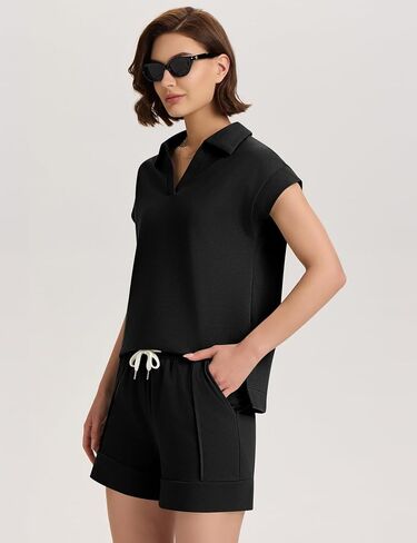 Micoson Womens Two Piece Sets Summer Lounge Sets V Neck Short Sets Drawstring Shorts Sweat Suit Casual Cap Sleeve Outfits in Kuwait