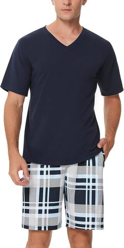 Men Short Sleeves Pajamas Set Summer Cotton Pj Set 2 Pieces Lounge Shorts Set in Kuwait