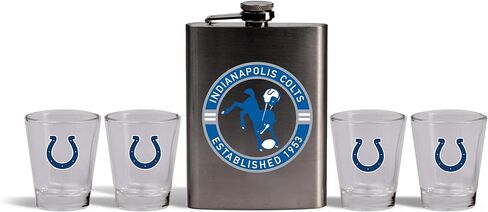 شركة الذاكرة | قارورة مرخصة بشعار الفريق من الفولاذ المقاوم للصدأ من الدوري الوطني لكرة القدم الأمريكية (NFL) ومجموعة (4) أكواب زجاجية in Kuwait