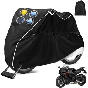 أغطية الدراجات النارية لجميع المواسم، أغطية الدراجات النارية العالمية، مقاومة للماء والشمس في الهواء الطلق، مقاومة للتمزق مع حقيبة تخزين بفتحات عاكسة للقفل، تناسب ما يصل إلى 96.5 بوصة من غطاء مركبة الدراجات النارية in Kuwait