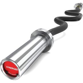 شريط Synergee Commercial Super EZ Curl Olympic Bar كروم، فوسفات أسود وأحمر مع بطانات نحاسية مطلية بالمسحوق ممتازة لتجعيد العضلة ذات الرأسين وملحقات ثلاثية الرؤوس