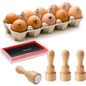 Nuanchu 4 Pcs Fresh Egg Stamp Round Wooden Rubber Stamp for Easter Eggs Stamp Sticker Chicken Label Stamp Mini Carton Stamp with Ink Pad for Chicken Coop Stamper Home Farm Supplies(Stylish Style)