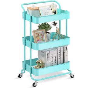 TOOLF 3 Tier Metal Rolling Cart, Utility Cart with Handle, Multifunction Storage Cart with Lockable Wheels, Serving Organizer Trolley with Mesh Basket for Kitchen, Bathroom, Office