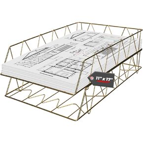 Performore 2 Pack of 11x17 Gold Stackable Wire Desk Trays, Paper Tray Organizer for Desk, Multifunctional File Document Holder and Storage for Office Desktop Organization and Accessories