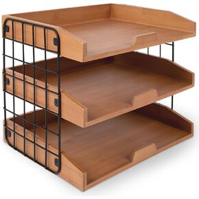 Wood Inbox Tray - Sturdy Letter Tray Desk Organizer, 3 Tier Wooden Paper Organizer, 1/3"" Thick Wooden Shelves Paper for Desk with Metal Frame (Assembled, Brown)