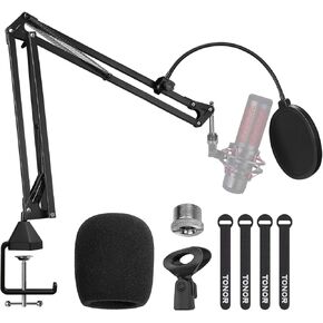 Microphone Arm Stand, TONOR Adjustable Suspension Boom Scissor Mic Stand with Pop Filter, 3/8" to 5/8" Adapter, Mic Clip, Upgraded Heavy Duty Clamp for Hyperx Blue Yeti Rode Elgato etc. Mics (T20)