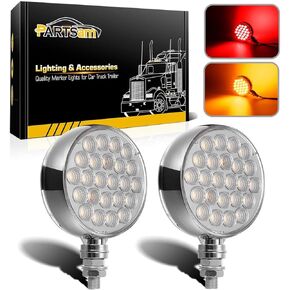 Partsam 2Pcs Double Face Round LED Pedestal Lights Fender Stop Turn Signal Tail Brake Lights Clear Lens 48 LED Post Mount Semi Trailer Replacement for Kenworth/Peterbilt Trucks