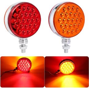 2pcs 4 Inch Amber Red Round Double-Face Pedestal Fender Light with Stud Mount, 48 LED Stop Turn Tail Signal Trailer Light for Semi Truck Peterbilt Kenworth Freightliner Towing Dual-Face Waterproof
