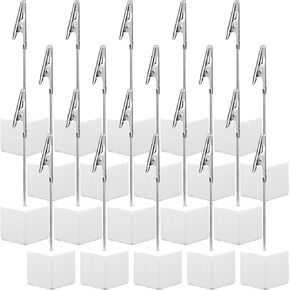 Gersoniel 20 Pcs Cube Base Memo Clip Holder with Alligator Clip Wood Table Number Holder Cube Base Place Card Stand Mini Photo Menu Stand for Displaying Number Card(White)
